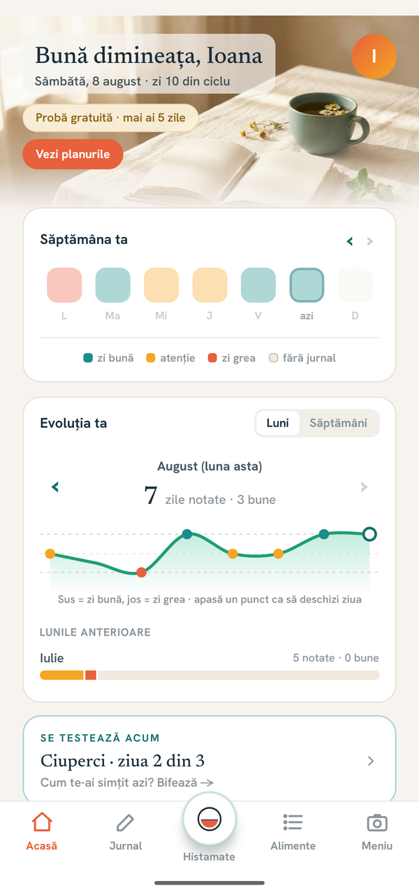 The Home screen of the MyHistamate app: your week, what you are testing now and the tip of the day