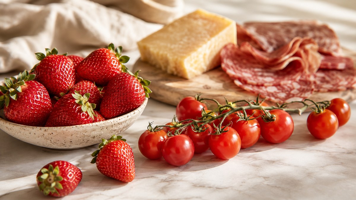 Fresh strawberries and tomatoes next to aged cheese and cured meats — foods that release vs contain histamine