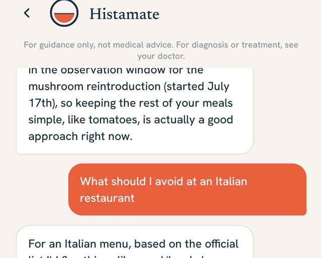 The Histamate assistant screen, with the note For guidance, not medical advice