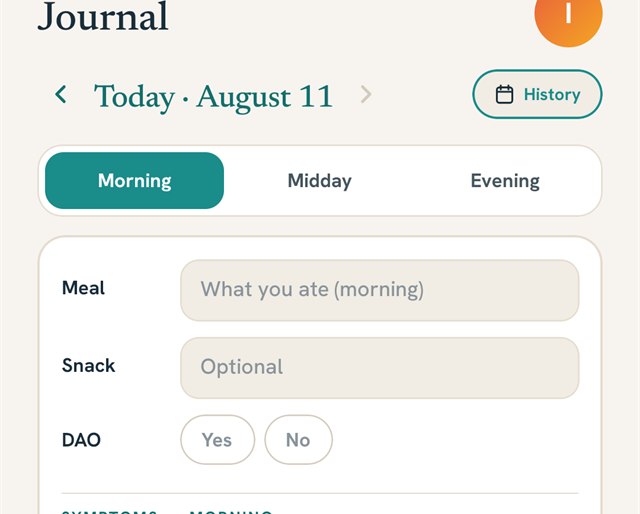 The MyHistamate journal screen: the day split into morning, midday and evening