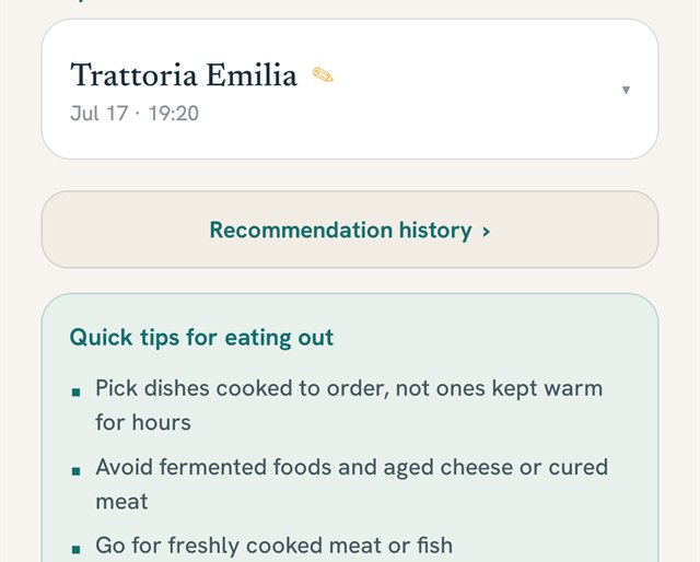 The Menu screen in MyHistamate: the recommendation history and the quick tips for eating out